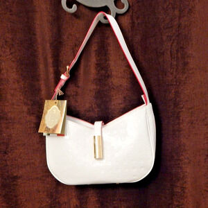 NWT ARCADIA Debossed Patent Leather Top Zip Tube Lock Shoulder Bag White Italy